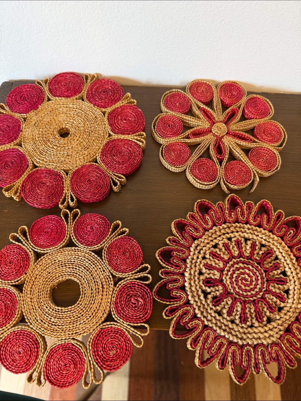 Handwoven Red and Natural Braided Trivet- Set of 4